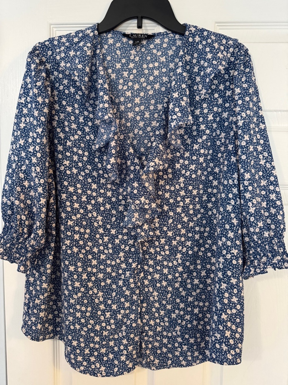 Lauren Ralph Lauren Navy and White Floral Ruffle Front Blouse